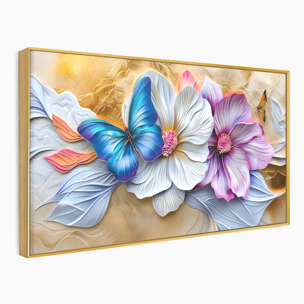 Tablou canvas cu tablou canvas cu flori si fluture, in rama de aluminiu auriu